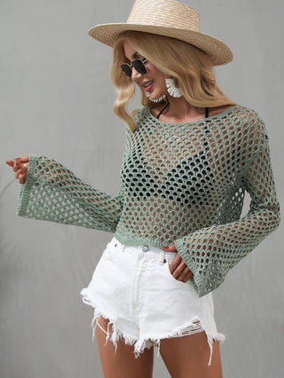 Openwork Flare Sleeve Cropped Cover Up Divacious