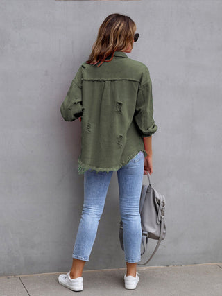 Distressed Drop Shoulder Denim Jacket Divacious