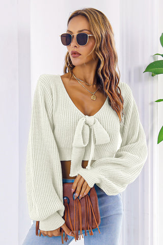 Bow V-Neck Long Sleeve Cropped Sweater Divacious