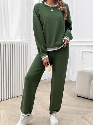 Devine Round Neck Dropped Shoulder Top and Pants Sweater Set Trendsi