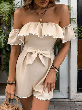 Tied Ruffled Off-Shoulder Short Sleeve Romper Divacious