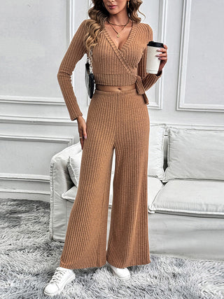 Surplice Long Sleeve Top and Pants Set - Divacious