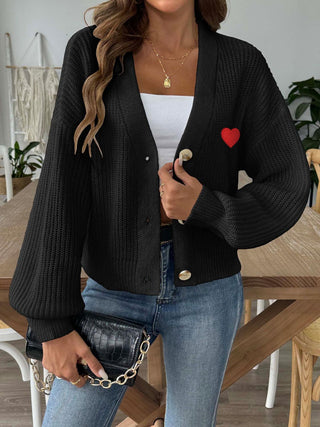 Heart Button Down V-Neck Long Sleeve Cardigan - Divacious