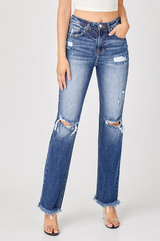 Full Size Raw Hem Distressed Straight Jeans Divacious