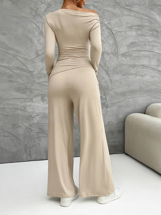 Devine Long Sleeve Top and Wide Leg Pants Set Trendsi