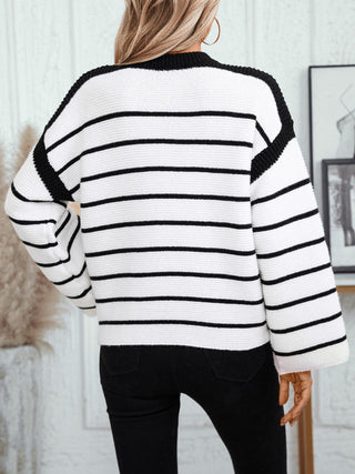 Striped Round Neck Long Sleeve Sweater Divacious