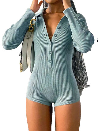 Ribbed Half Button Collared Neck Romper Divacious