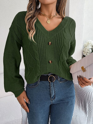 Cable-Knit Buttoned V-Neck Sweater Divacious