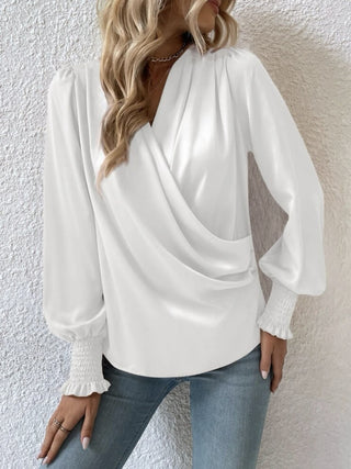 Surplice Smocked Lantern Sleeve Blouse Divacious