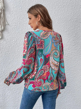 Printed Surplice Smocked Lantern Sleeve Blouse Divacious