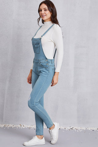 Distressed Washed Denim Overalls with Pockets Divacious