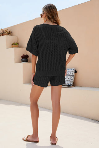 Openwork V-Neck Top and Shorts Set Trendsi