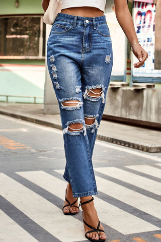 Distressed High Waist Straight Jeans Divacious