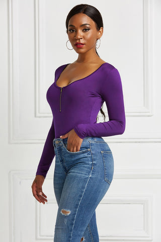 Half Zip Scoop Neck Long Sleeve Bodysuit Divacious