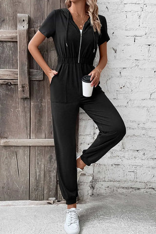 Zip-Up Short Sleeve Hooded Jumpsuit with Pockets Divacious