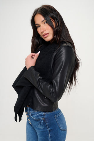 Coalition LA Knit Collared Faux Leather Crop Jacket Trendsi