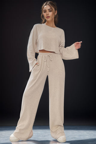 Round Neck Long Sleeve Top and Pants Set Trendsi