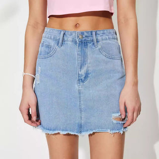 Distressed Raw Hem Mini Denim Skirt Divacious