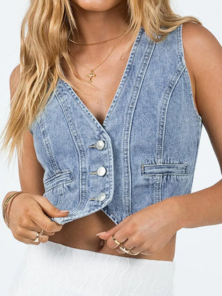 Button Up Sleeveless Denim Top Divacious