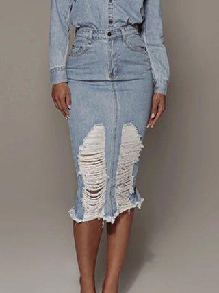 Distressed Slit Denim Skirt Divacious