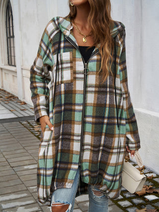 Plaid Zip Up Hooded Coat Divacious