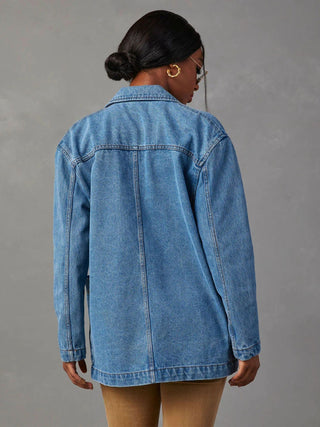 Collared Neck Long Sleeve Denim Jacket Divacious