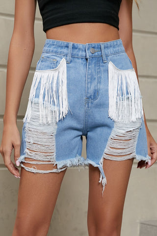 Fringe Trim Distressed Denim Shorts with Pockets Divacious