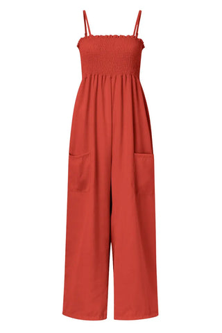 Smocked Spaghetti Strap Wide Leg Jumpsuit Divacious