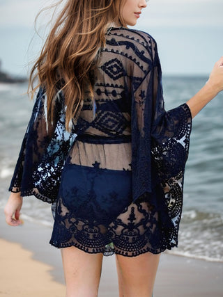 Lace V-Neck Three-Quarter Sleeve Cover Up Divacious