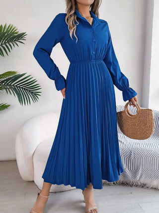 Pleated Half Button Long Sleeve Midi Dress Trendsi