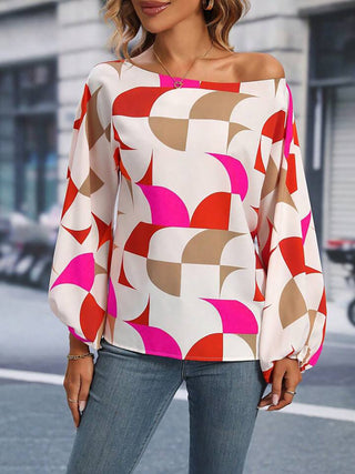 Printed One Shoulder Balloon Sleeve Blouse Divacious