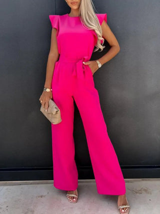 Ruffled Round Neck Cap Sleeve Jumpsuit Divacious