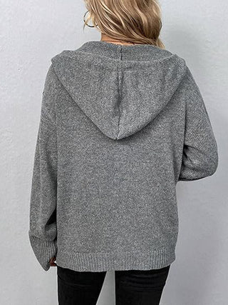 Button Up Drawstring Long Sleeve Hooded Cardigan Divacious