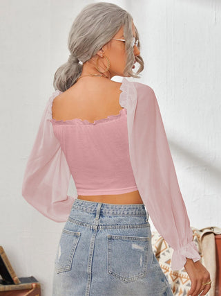 Mesh Sweetheart Neck Flounce Sleeve Top Divacious