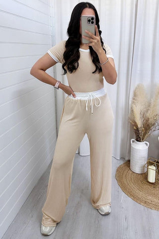 Contrast Trim Round Neck Top and Pants Set Trendsi