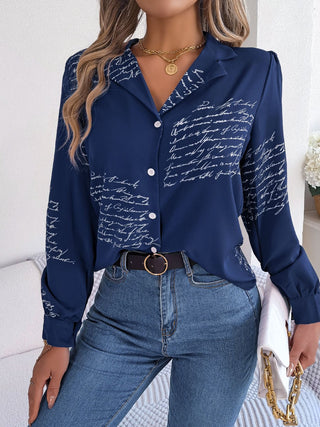 Letter Printed Button Up Long Sleeve Blouse Divacious