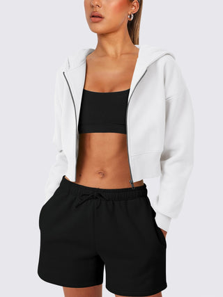 Zip Up Long Sleeve Hooded Cropped Jacket Trendsi