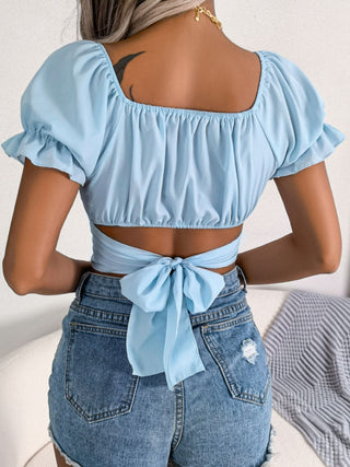 Square Neck Crisscross Flounce Sleeve Cropped Top Divacious