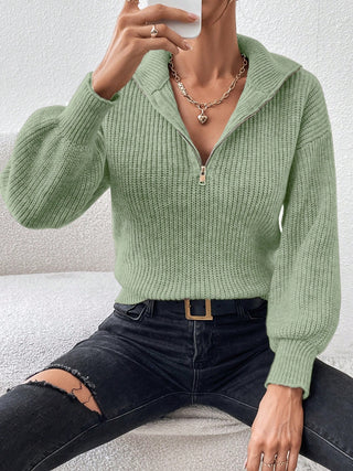 Half Zip Dropped Shoulder Sweater - Divacious