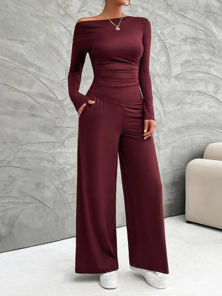 Devine Long Sleeve Top and Wide Leg Pants Set Trendsi