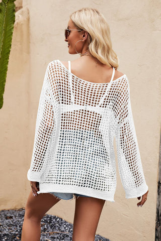 Openwork Round Neck Long Sleeve Cover Up Divacious