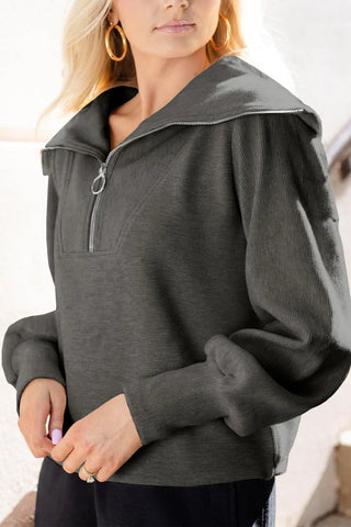 Pocketed Quarter Zip Collared Neck Sweatshirt Divacious