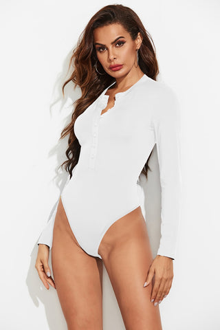 Half Button Round Neck Long Sleeve Bodysuit Divacious