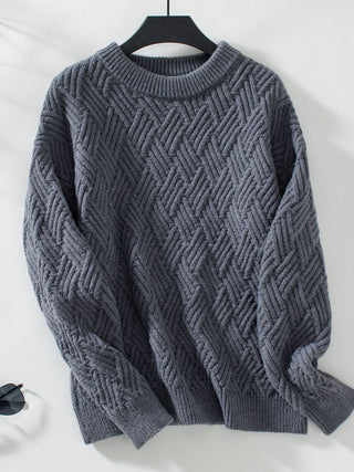 Round Neck Long Sleeve Woven Sweater - Divacious