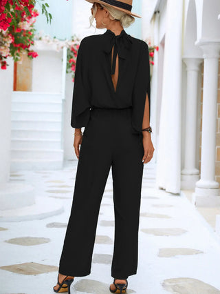 Tie Back Mock Neck Split Sleeve Jumpsuit Divacious