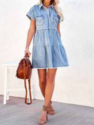 Raw Hem Short Sleeve Denim Dress Divacious