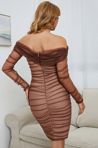 Off-Shoulder Ruched Long Sleeve Tulle Dress Trendsi