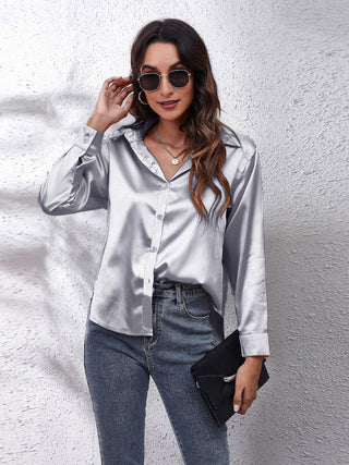 Collared Neck Buttoned Long Sleeve Shirt Divacious