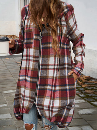 Plaid Zip Up Hooded Coat Divacious