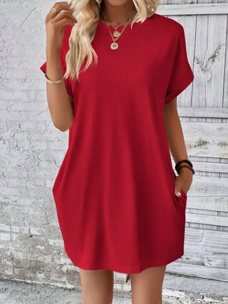 Pocketed Round Neck Short Sleeve Dress Trendsi